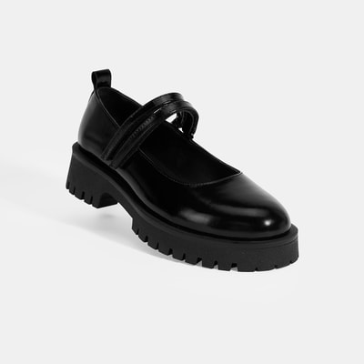 Kadın Siyah Mary Jane Cırt Detaylı Deri Babet