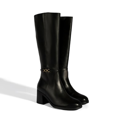 Kadın Siyah Metal Aksesuarlı Deri Çizme