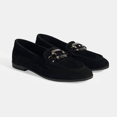 Kadın Siyah Metal Aksesuarlı Süet Loafer