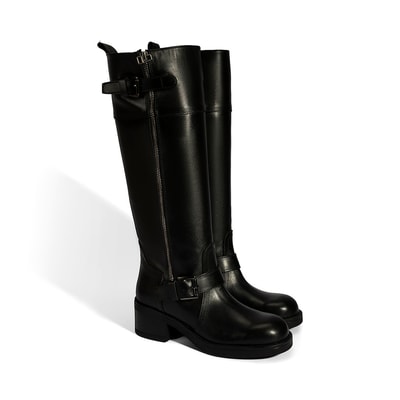 Kadın Siyah Metal Toka Detaylı Deri Çizme