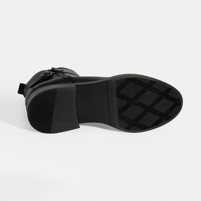 Kadın Siyah Metal Toka Detaylı Fermuarlı Deri Bot