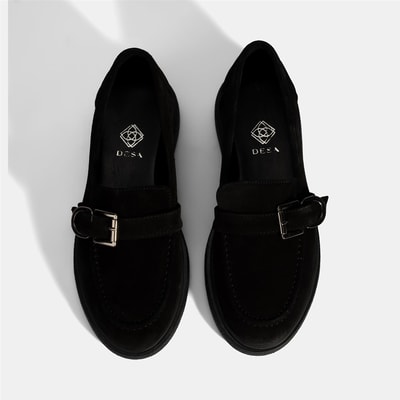 Kadın Siyah Metal Toka Detaylı Süet Loafer