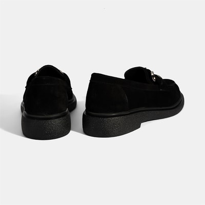 Kadın Siyah Metal Toka Detaylı Süet Loafer