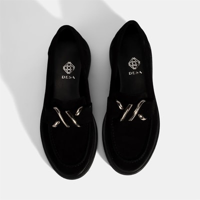 Kadın Siyah Metal Toka Detaylı Süet Loafer