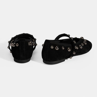 Kadın Siyah Metal Zımba Detaylı Mary Jane Babet