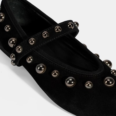 Kadın Siyah Metal Zımba Detaylı Mary Jane Babet