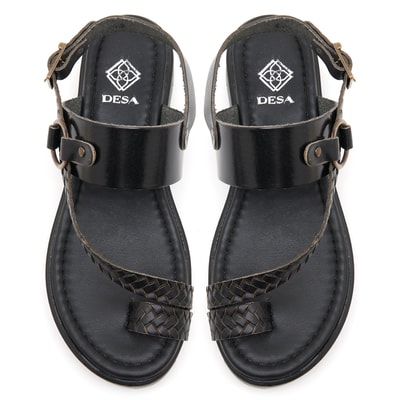 Kadın Siyah Örgü Baskılı Deri Sandalet