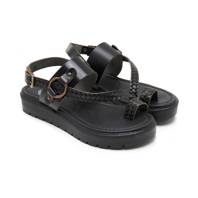 Kadın Siyah Örgü Baskılı Deri Sandalet