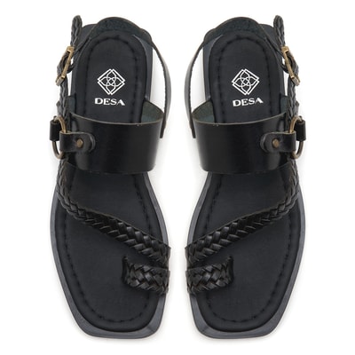 Kadın Siyah Örgü Baskılı Deri Sandalet