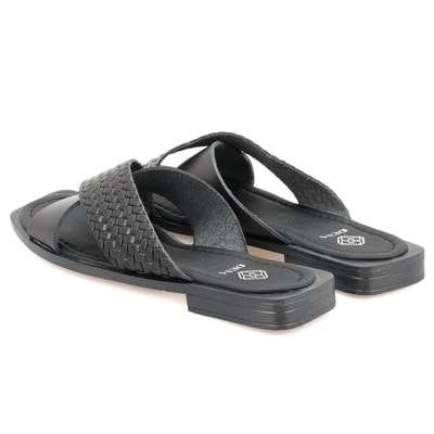 Kadın Siyah Örgü Baskılı Deri Terlik