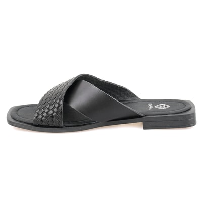 Kadın Siyah Örgü Baskılı Deri Terlik