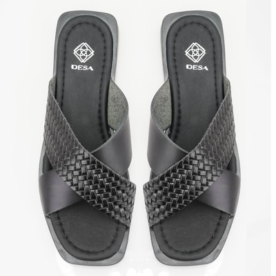 Kadın Siyah Örgü Baskılı Deri Terlik