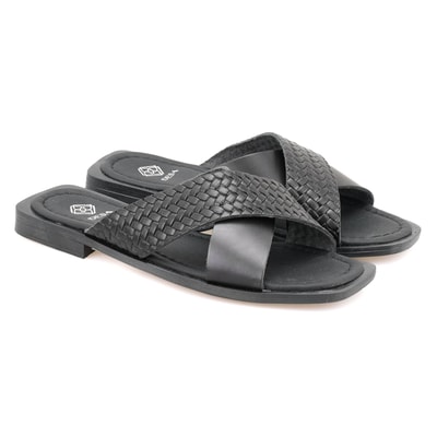 Kadın Siyah Örgü Baskılı Deri Terlik