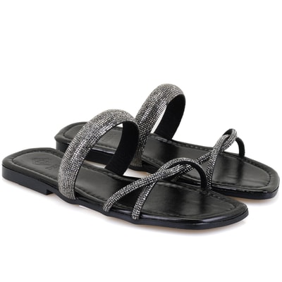Kadın Siyah Parlak Taş Detaylı Terlik
