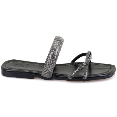 Kadın Siyah Parlak Taş Detaylı Terlik