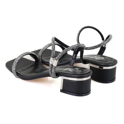 Kadın Siyah Parlak Taş Detaylı Topuklu Sandalet