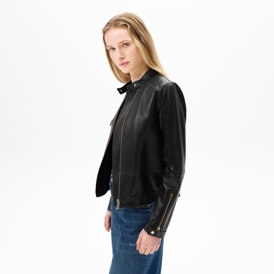 Kadın Siyah Perfore Detaylı Deri Ceket