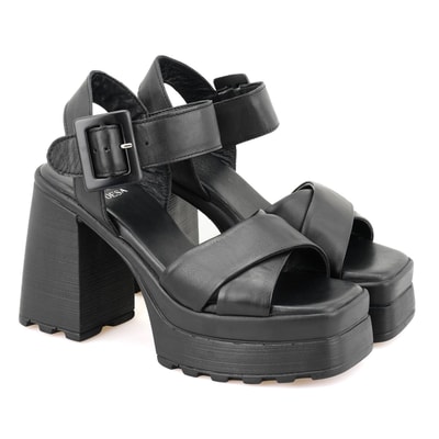 Kadın Siyah Platform Topuklu Deri Sandalet