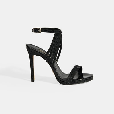 Kadın Siyah Simli Bantlı Topuklu Abiye Sandalet