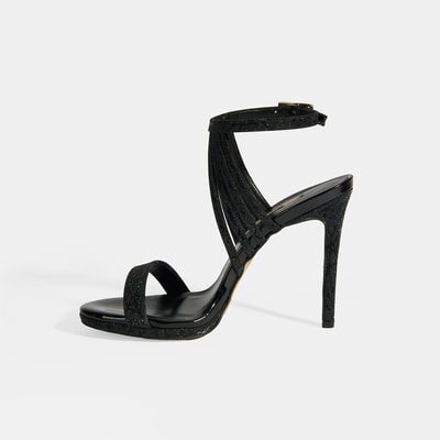 Kadın Siyah Simli Bantlı Topuklu Abiye Sandalet