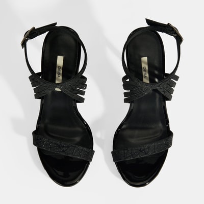 Kadın Siyah Simli Bantlı Topuklu Abiye Sandalet