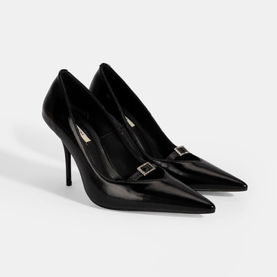 Kadın Siyah Taşlı Toka Detaylı Rugan Topuklu Abiye Ayakkabı