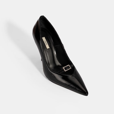 Kadın Siyah Taşlı Toka Detaylı Rugan Topuklu Abiye Ayakkabı