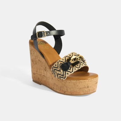 Kadın Siyah Toka Aksesuarlı Deri Detaylı Dolgu Topuklu Sandalet