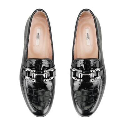 Kadın Siyah Toka Aksesuarlı Deri Loafer