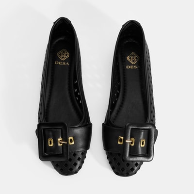 Kadın Siyah Toka Aksesuarlı Perforeli Deri Babet