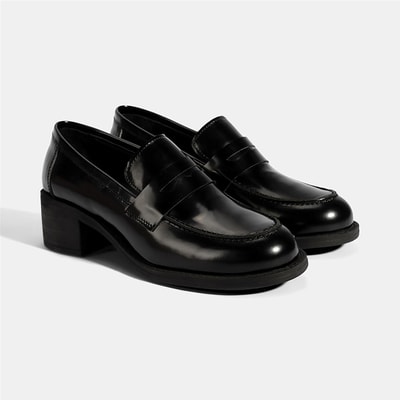 Kadın Siyah Topuklu Deri Loafer