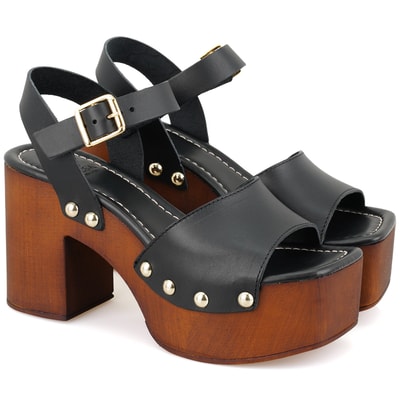 Kadın Siyah Topuklu Deri Sandalet