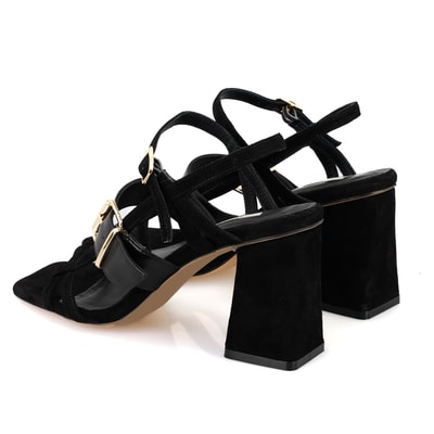 Kadın Siyah Topuklu Süet Deri Sandalet