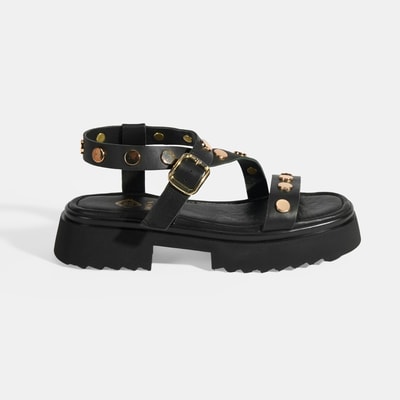 Kadın Siyah Zımba Detaylı Deri Sandalet