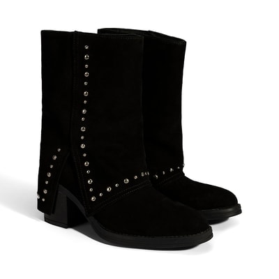 Kadın Siyah Zımba Detaylı Kalın Topuklu Süet Bot