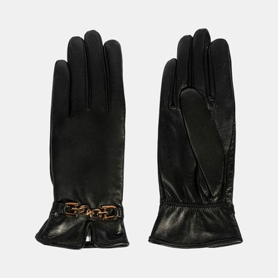 Kadın Siyah Zincir Aksesuarlı Deri Eldiven