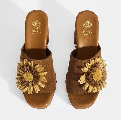 Kadın Taba Çiçek Aksesuarlı Süet Topuklu Terlik