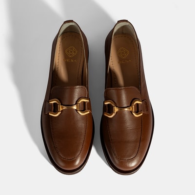 Kadın Taba Metal Toka Aksesuarlı Deri Loafer