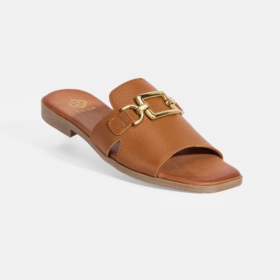 Kadın Taba Metal Toka Aksesuarlı Deri Terlik