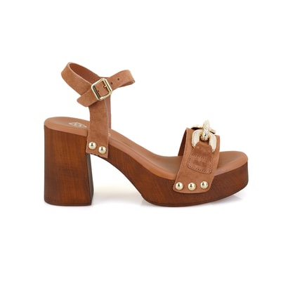 Kadın Taba Topuklu Süet Deri Sandalet