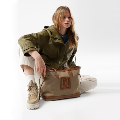 Kadın Ten Deri Biyeli Kanvas Omuz Çantası