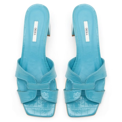 Kadın Turkuaz Kroko Baskılı Deri Terlik