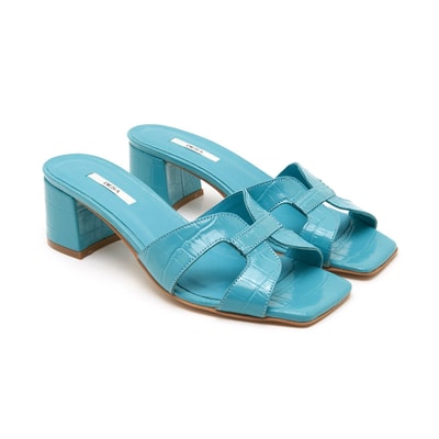 Kadın Turkuaz Kroko Baskılı Deri Terlik