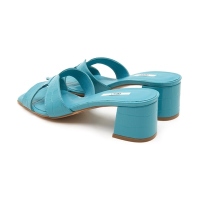 Kadın Turkuaz Kroko Baskılı Deri Terlik