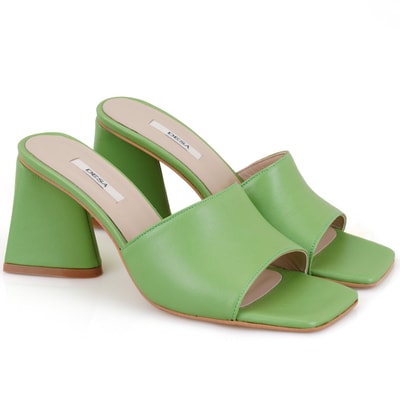 Kadın Yeşil Kalın Topuklu Deri Terlik