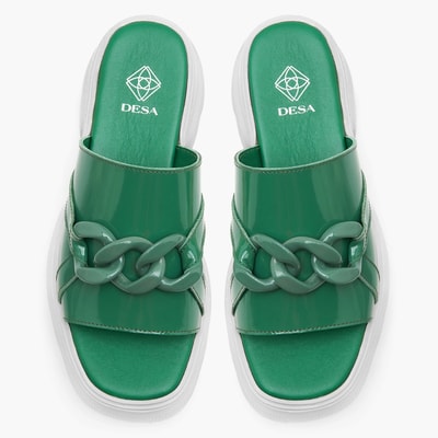 Kadın Yeşil Zincir Detaylı Deri Terlik