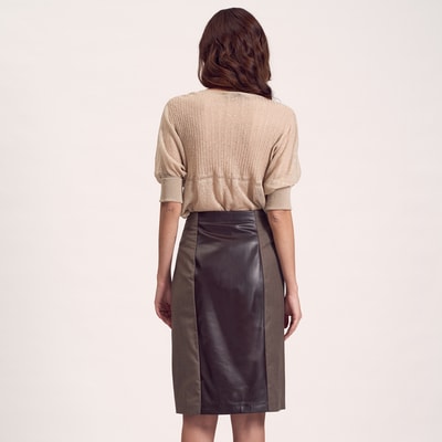Kahve Deri Parçalı Kadın Etek