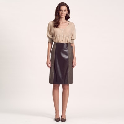 Kahve Deri Parçalı Kadın Etek