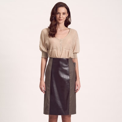 Kahve Deri Parçalı Kadın Etek