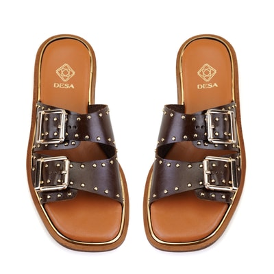 Kahve Kadın Ayarlanabilir Tokalı Deri Terlik